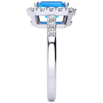 2 1/2 Carat Blue Topaz and Halo Diamond Ring In 14 Karat White Gold
