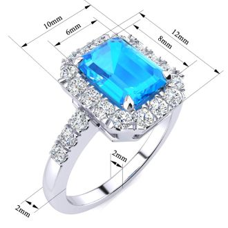 2 1/2 Carat Blue Topaz and Halo Diamond Ring In 14 Karat White Gold
