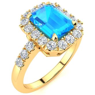 2 1/2 Carat Blue Topaz and Halo Diamond Ring In 14 Karat Yellow Gold
