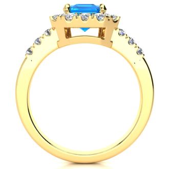 2 1/2 Carat Blue Topaz and Halo Diamond Ring In 14 Karat Yellow Gold

