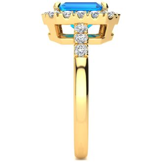 2 1/2 Carat Blue Topaz and Halo Diamond Ring In 14 Karat Yellow Gold
