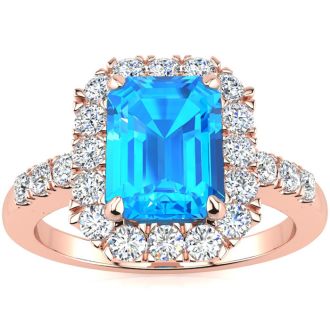 2 1/2 Carat Blue Topaz and Halo Diamond Ring In 14 Karat Rose Gold
