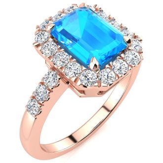 2 1/2 Carat Blue Topaz and Halo Diamond Ring In 14 Karat Rose Gold

