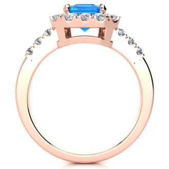 2 1/2 Carat Blue Topaz and Halo Diamond Ring In 14 Karat Rose Gold
