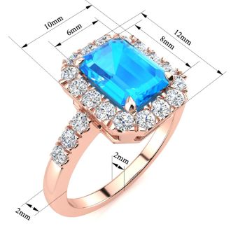 2 1/2 Carat Blue Topaz and Halo Diamond Ring In 14 Karat Rose Gold
