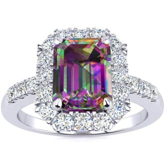 2 Carat Octagon Shape Mystic Topaz With Diamond Halo In 14 Karat White Gold