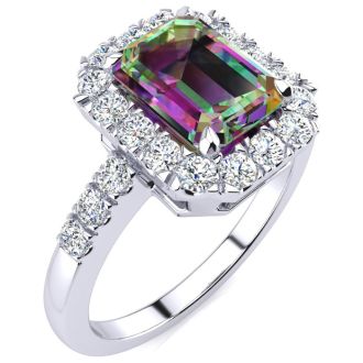 2 Carat Octagon Shape Mystic Topaz With Diamond Halo In 14 Karat White Gold