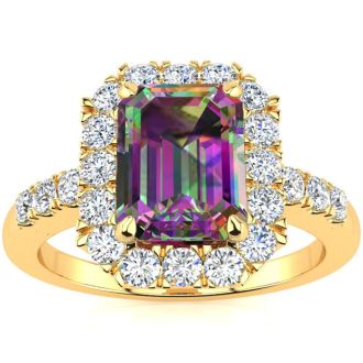 2 Carat Octagon Shape Mystic Topaz With Diamond Halo In 14 Karat Yellow Gold