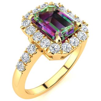 2 Carat Octagon Shape Mystic Topaz With Diamond Halo In 14 Karat Yellow Gold