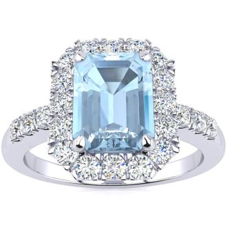 Aquamarine Ring: Aquamarine Jewelry: 2 Carat Aquamarine and Halo Diamond Ring In 14 Karat White Gold
