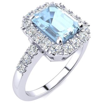 Aquamarine Ring: Aquamarine Jewelry: 2 Carat Aquamarine and Halo Diamond Ring In 14 Karat White Gold

