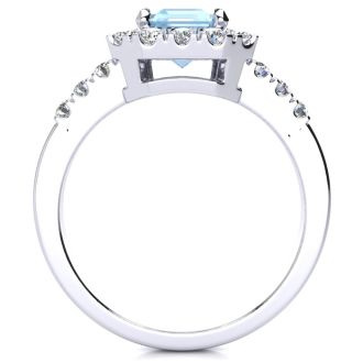 Aquamarine Ring: Aquamarine Jewelry: 2 Carat Aquamarine and Halo Diamond Ring In 14 Karat White Gold

