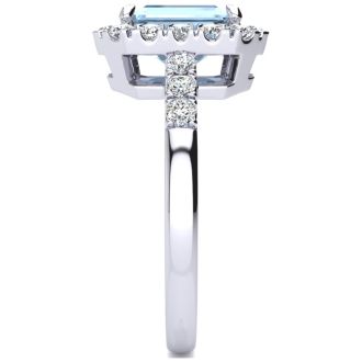 Aquamarine Ring: Aquamarine Jewelry: 2 Carat Aquamarine and Halo Diamond Ring In 14 Karat White Gold
