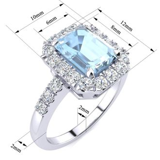 Aquamarine Ring: Aquamarine Jewelry: 2 Carat Aquamarine and Halo Diamond Ring In 14 Karat White Gold
