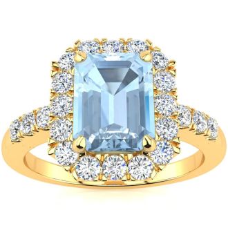 Aquamarine Ring: Aquamarine Jewelry: 2 Carat Aquamarine and Halo Diamond Ring In 14 Karat Yellow Gold
