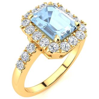 Aquamarine Ring: Aquamarine Jewelry: 2 Carat Aquamarine and Halo Diamond Ring In 14 Karat Yellow Gold

