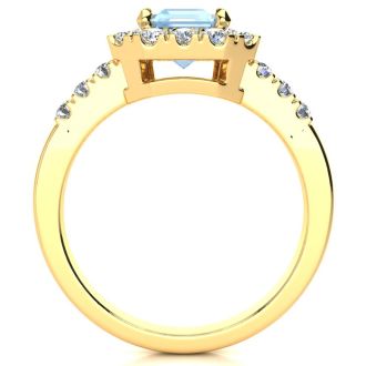 Aquamarine Ring: Aquamarine Jewelry: 2 Carat Aquamarine and Halo Diamond Ring In 14 Karat Yellow Gold
