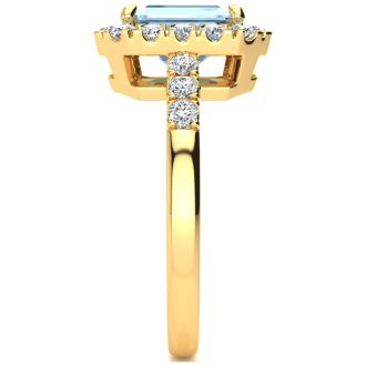Aquamarine Ring: Aquamarine Jewelry: 2 Carat Aquamarine and Halo Diamond Ring In 14 Karat Yellow Gold
