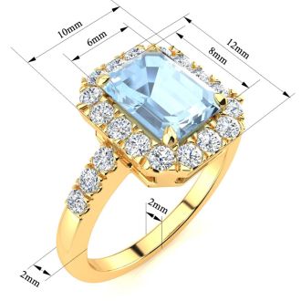 Aquamarine Ring: Aquamarine Jewelry: 2 Carat Aquamarine and Halo Diamond Ring In 14 Karat Yellow Gold
