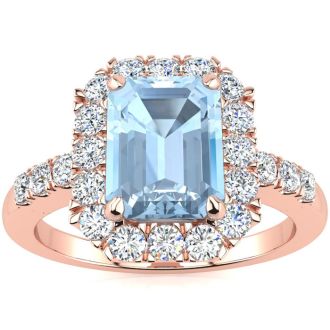 Aquamarine Ring: Aquamarine Jewelry: 2 Carat Aquamarine and Halo Diamond Ring In 14 Karat Rose Gold