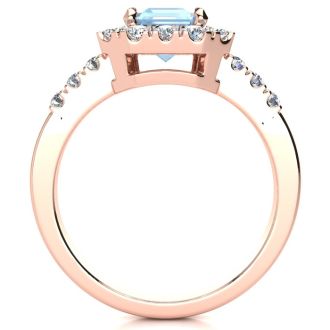 Aquamarine Ring: Aquamarine Jewelry: 2 Carat Aquamarine and Halo Diamond Ring In 14 Karat Rose Gold