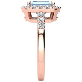 Aquamarine Ring: Aquamarine Jewelry: 2 Carat Aquamarine and Halo Diamond Ring In 14 Karat Rose Gold