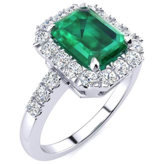 2 Carat Emerald and Halo Diamond Ring In 14 Karat White Gold