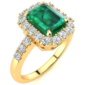 2 Carat Emerald and Halo Diamond Ring In 14 Karat Yellow Gold