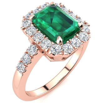 2 Carat Emerald and Halo Diamond Ring In 14 Karat Rose Gold