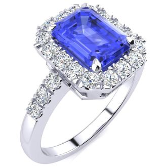 2 1/4 Carat Tanzanite and Halo Diamond Ring In 14 Karat White Gold
