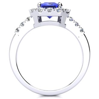 2 1/4 Carat Tanzanite and Halo Diamond Ring In 14 Karat White Gold
