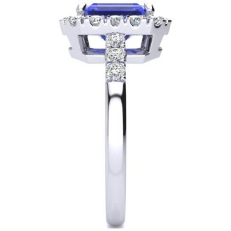 2 1/4 Carat Tanzanite and Halo Diamond Ring In 14 Karat White Gold