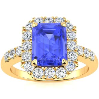 2 1/4 Carat Tanzanite and Halo Diamond Ring In 14 Karat Yellow Gold