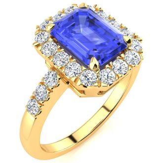 2 1/4 Carat Tanzanite and Halo Diamond Ring In 14 Karat Yellow Gold