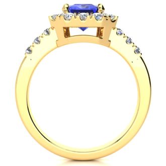 2 1/4 Carat Tanzanite and Halo Diamond Ring In 14 Karat Yellow Gold
