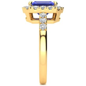 2 1/4 Carat Tanzanite and Halo Diamond Ring In 14 Karat Yellow Gold