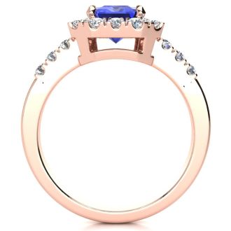 2 1/4 Carat Tanzanite and Halo Diamond Ring In 14 Karat Rose Gold