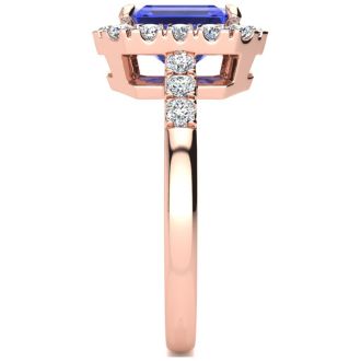 2 1/4 Carat Tanzanite and Halo Diamond Ring In 14 Karat Rose Gold