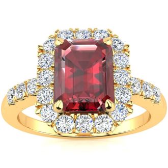 Garnet Ring: Garnet Jewelry: 2 1/2 Carat Garnet and Halo Diamond Ring In 14 Karat Yellow Gold