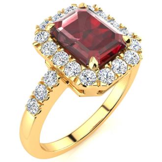 Garnet Ring: Garnet Jewelry: 2 1/2 Carat Garnet and Halo Diamond Ring In 14 Karat Yellow Gold