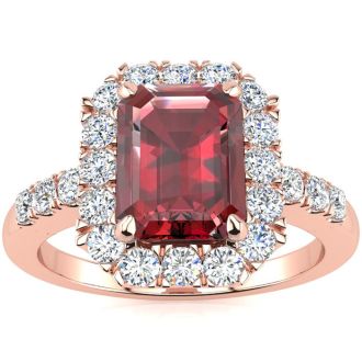 Garnet Ring: Garnet Jewelry: 2 1/2 Carat Garnet and Halo Diamond Ring In 14 Karat Rose Gold