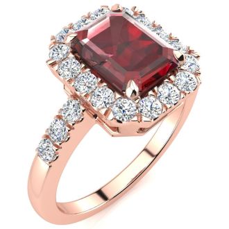 Garnet Ring: Garnet Jewelry: 2 1/2 Carat Garnet and Halo Diamond Ring In 14 Karat Rose Gold