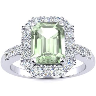 2 Carat Green Amethyst and Halo Diamond Ring In 14 Karat White Gold