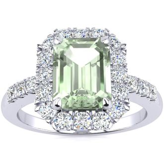 2 Carat Green Amethyst and Halo Diamond Ring In 14 Karat White Gold