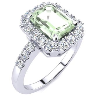 2 Carat Green Amethyst and Halo Diamond Ring In 14 Karat White Gold