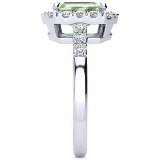 2 Carat Green Amethyst and Halo Diamond Ring In 14 Karat White Gold