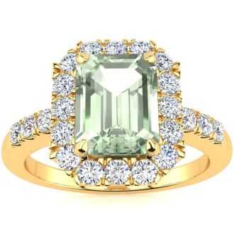 2 Carat Green Amethyst and Halo Diamond Ring In 14 Karat Yellow Gold