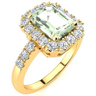 2 Carat Green Amethyst and Halo Diamond Ring In 14 Karat Yellow Gold
