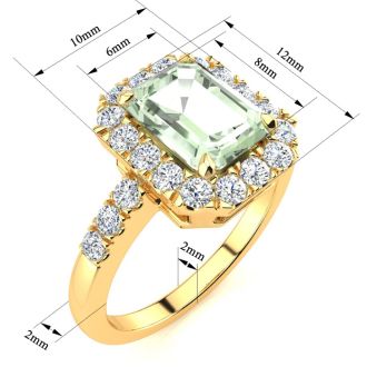2 Carat Green Amethyst and Halo Diamond Ring In 14 Karat Yellow Gold