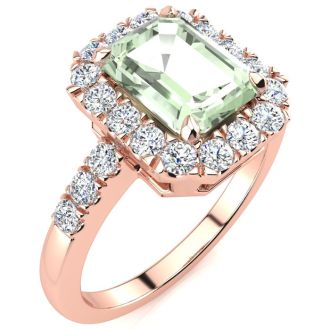 2 Carat Green Amethyst and Halo Diamond Ring In 14 Karat Rose Gold